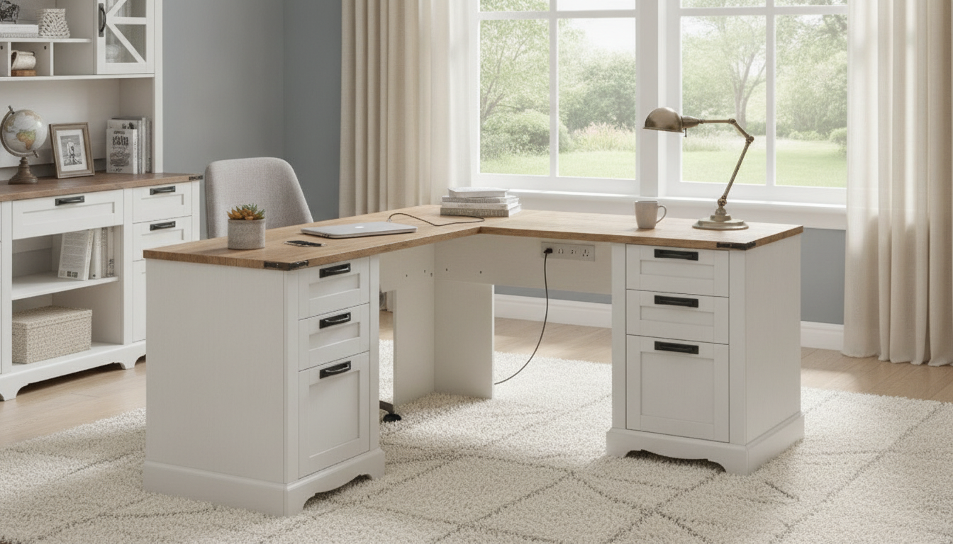 60-Inch L-Shaped Farmhouse Desk with Drawers & Power