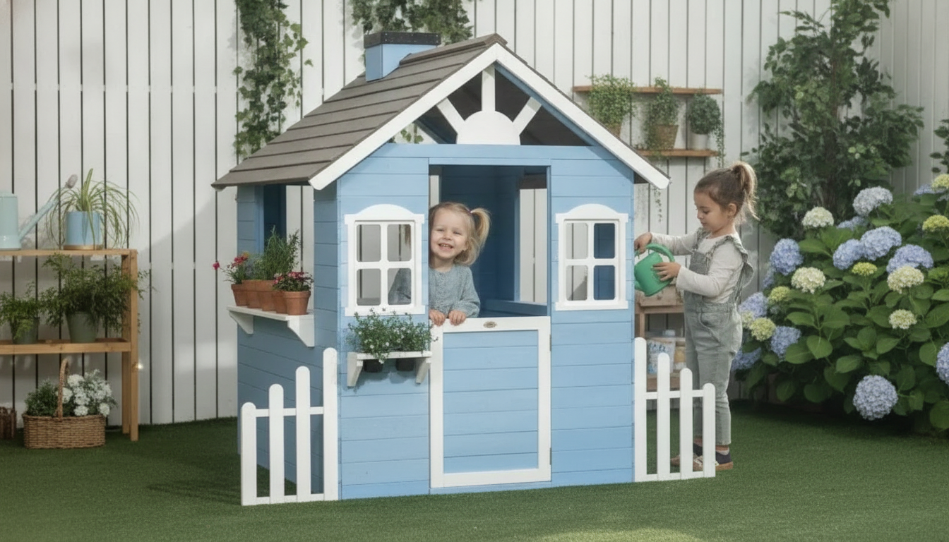 Country-Style Wooden Playhouse with Planter Pots Guide