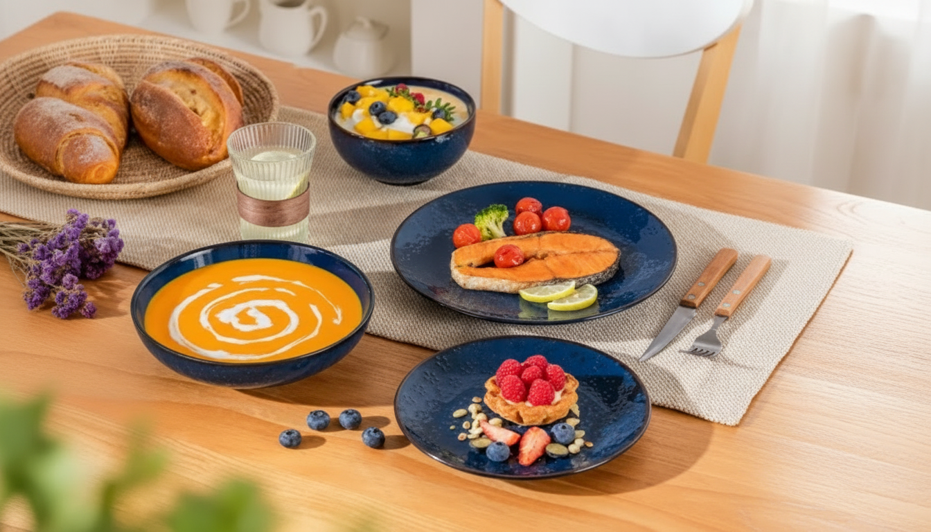 Blue Stoneware 16-Piece Dinner Set with Floral Embossing