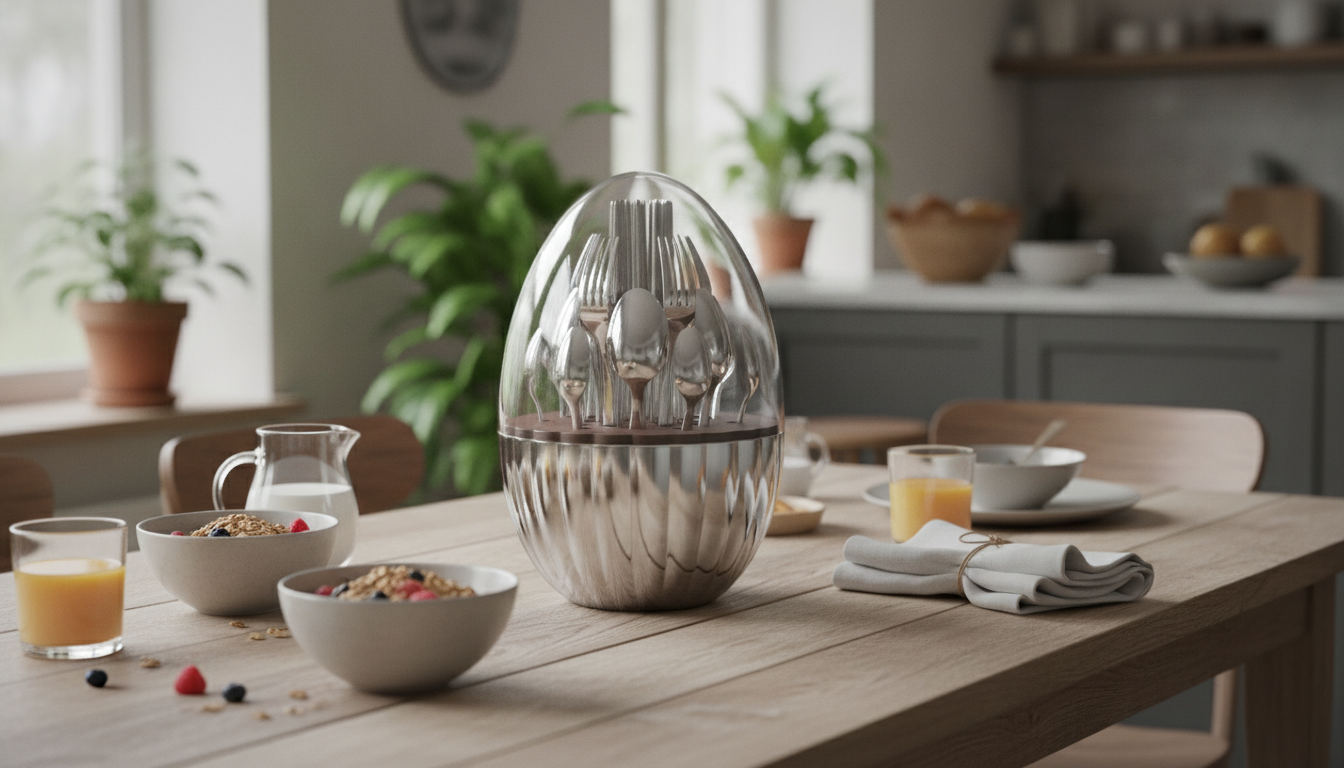 Egg-Shaped Silverware with Walnut: Modern 24-Piece Set