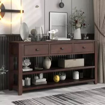 Long Entryway Console Table: 3 Drawers + Double Shelves